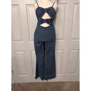 Bebe S2 Double Ruched Front Band Palazzo Denim Jumpsuit Boho Festival Bell Bottm